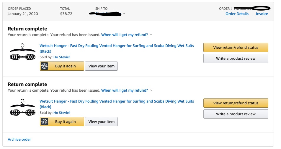 Amazon Refund not Received for returned wetsuit hangers