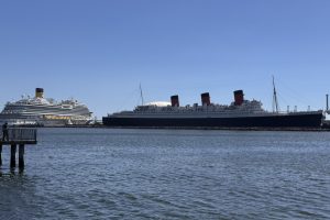 Queen Mary and a cruise ship in Long Beach Harbor, photo by Scott Bourquin