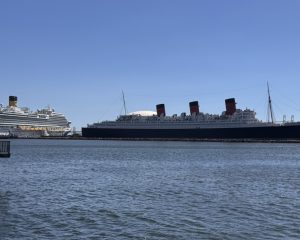 Queen Mary and a cruise ship in Long Beach Harbor, photo by Scott Bourquin