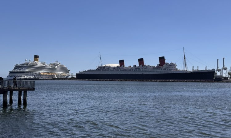 Queen Mary and a cruise ship in Long Beach Harbor, photo by Scott Bourquin