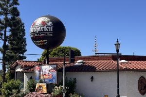 Old World Oktoberfest globe sign at Old World Village in Huntington Beach, photo by Scott Bourquin