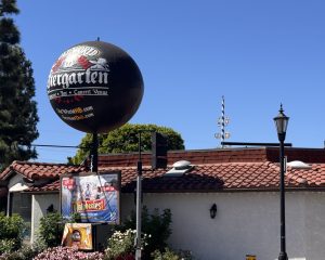 Old World Oktoberfest globe sign at Old World Village in Huntington Beach, photo by Scott Bourquin