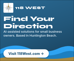 118 West ad: "Find Your Direction." AI-assisted solutions for small business owners, based in Huntington Beach. Visit 118West.com