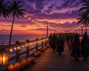 A seaside pier strung with warm lights and lined with pumpkins at dusk, as a crowd of costumed revelers, seen only in silhouette, walks toward the sunset beneath palm trees.