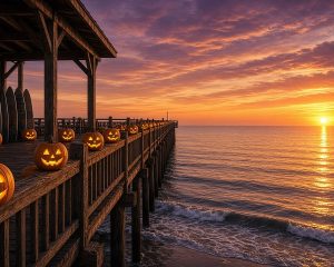 Glowing jack-o'-lanterns line the railing of a wooden beach-town pier at sunset, with surfboards stacked nearby and the Pacific glowing orange and purple.