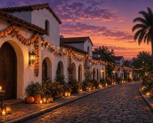 A Spanish-revival street at twilight with white stucco arches, red tile roofs, marigold garlands, glowing lanterns and candles, and small pumpkins by the doorways.