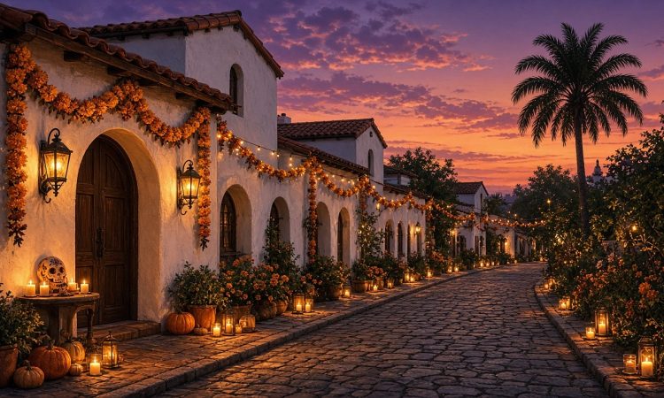 A Spanish-revival street at twilight with white stucco arches, red tile roofs, marigold garlands, glowing lanterns and candles, and small pumpkins by the doorways.
