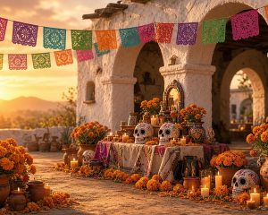 Orange marigolds, candles, sugar skulls and colorful papel picado banners decorate a Día de los Muertos altar in a whitewashed adobe courtyard at golden hour.