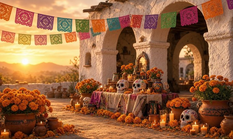 Orange marigolds, candles, sugar skulls and colorful papel picado banners decorate a Día de los Muertos altar in a whitewashed adobe courtyard at golden hour.