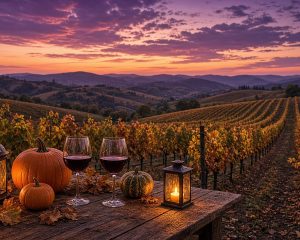 Two glasses of red wine sit on a rustic table with pumpkins and candle lanterns, overlooking autumn vineyard rows and rolling hills under a purple dusk sky.