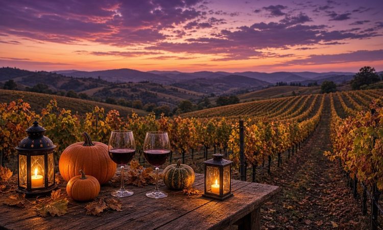 Two glasses of red wine sit on a rustic table with pumpkins and candle lanterns, overlooking autumn vineyard rows and rolling hills under a purple dusk sky.