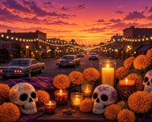 A Día de los Muertos ofrenda of marigolds, candles and painted sugar skulls in the foreground, with classic lowrider cars cruising a string-lit downtown street at sunset.