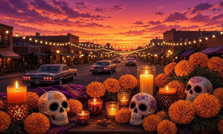 A Día de los Muertos ofrenda of marigolds, candles and painted sugar skulls in the foreground, with classic lowrider cars cruising a string-lit downtown street at sunset.